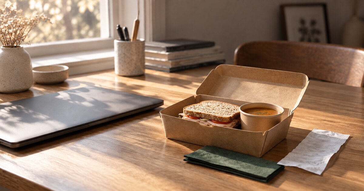 A boxed lunch beside a closed laptop and receipt on a sunlit desk.