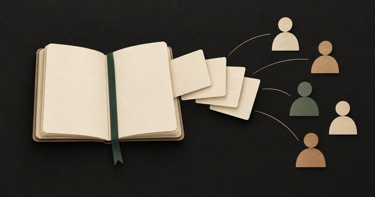 An open notebook beside cards representing people on a dark surface.