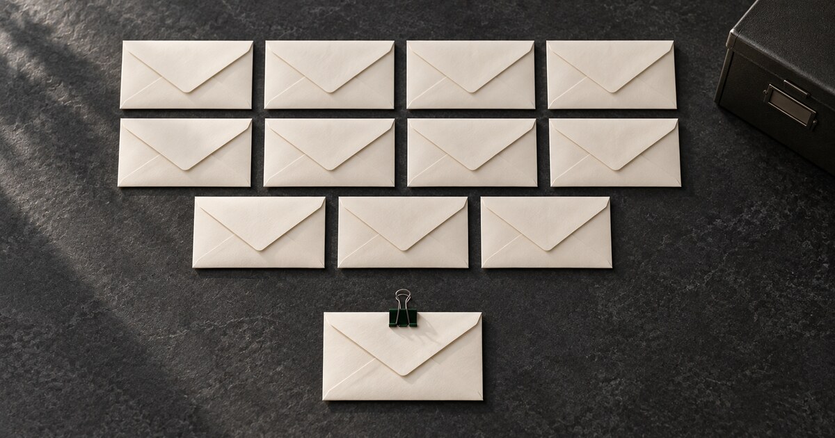 One cream envelope separated from a group of eleven on a dark stone surface.