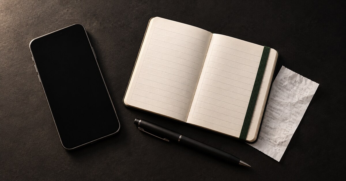 An open expense-tracking notebook beside a smartphone and pen.