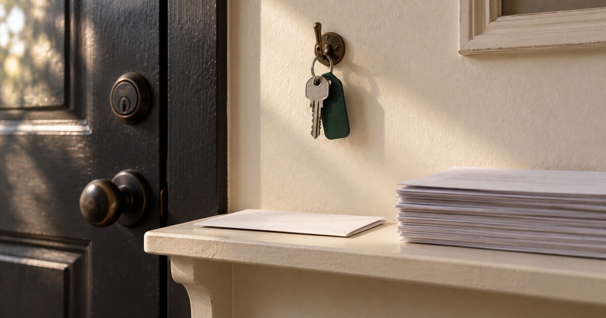 House keys hanging beside a stack of financial documents near a front door.