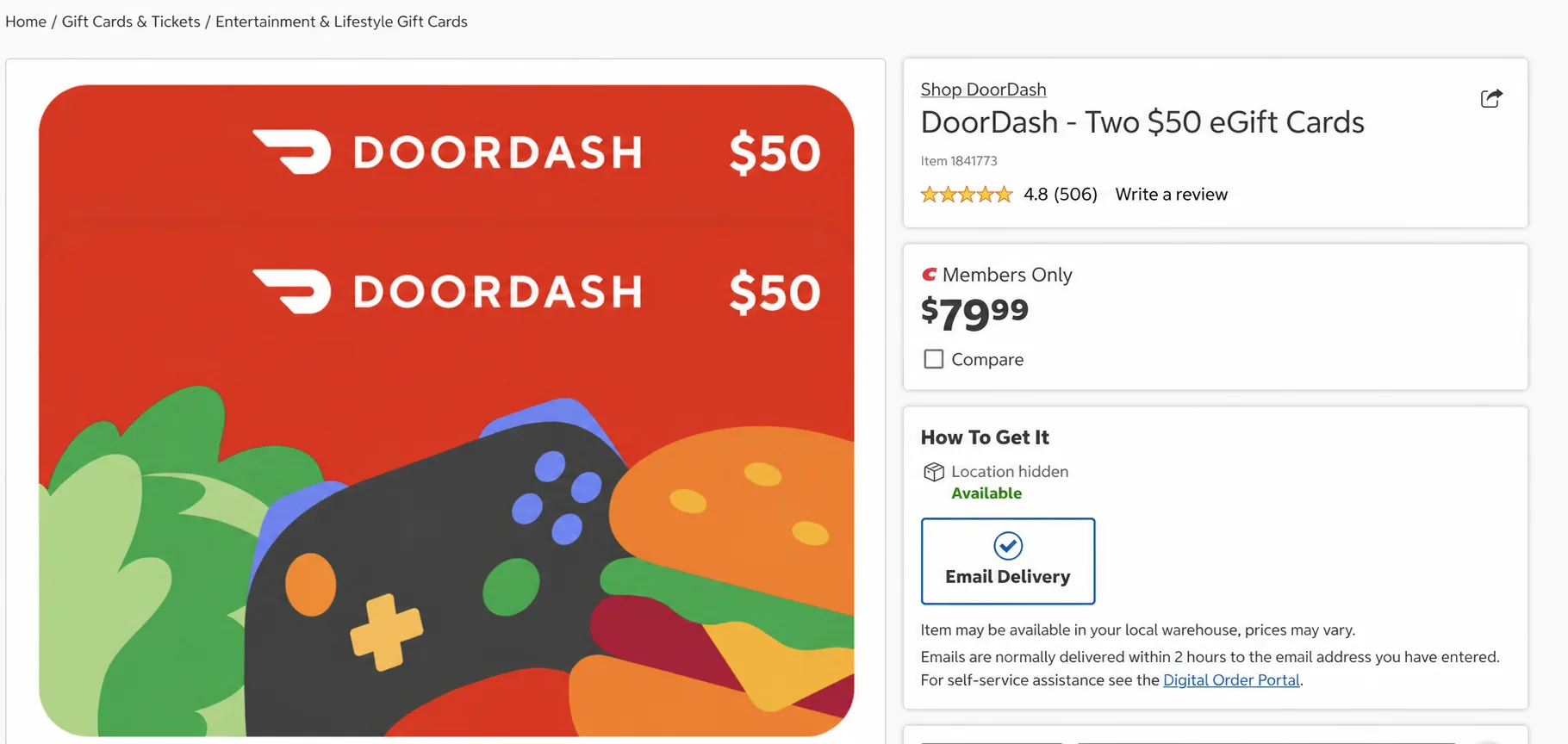 A Costco DoorDash listing showing two $50 eGift Cards for $79.99, with the location hidden.
