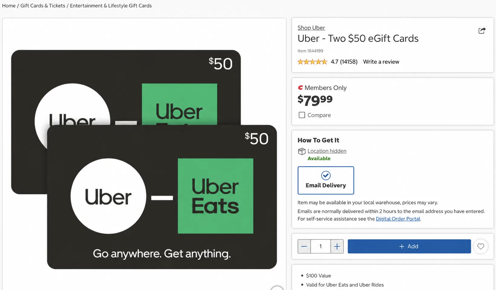A Costco Uber listing showing two $50 eGift Cards for $79.99, with the location hidden.