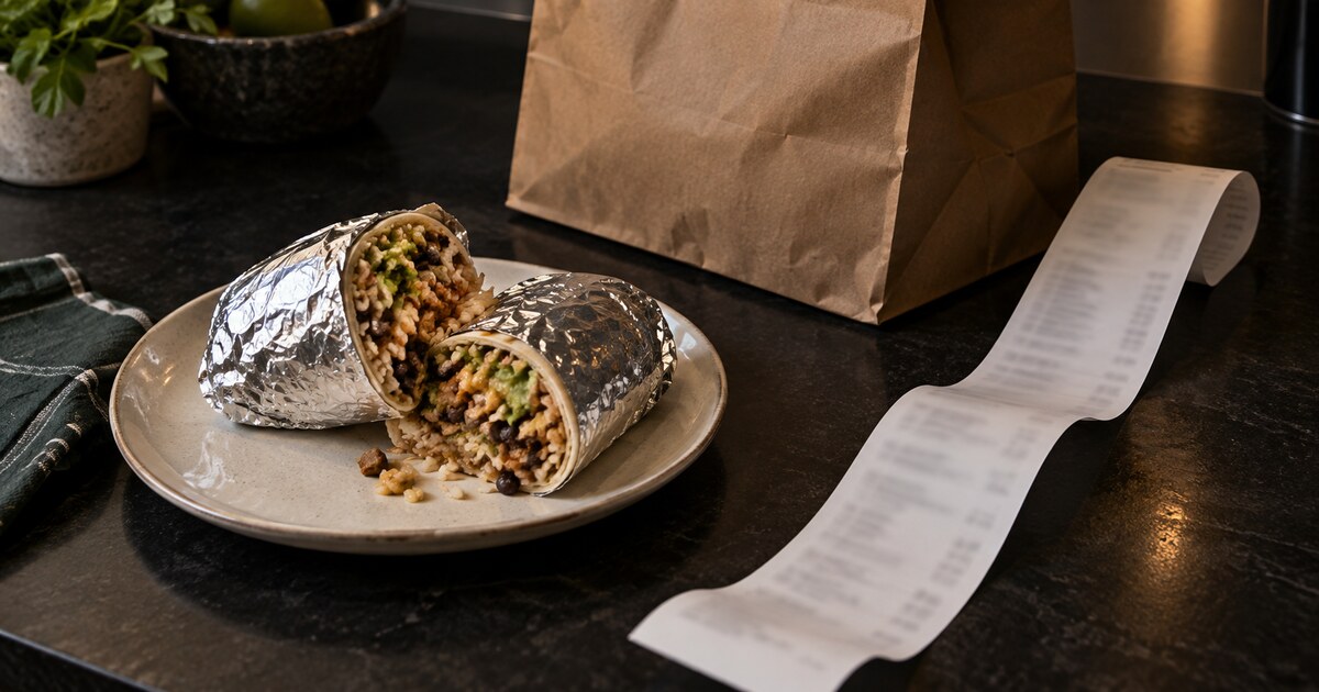 A foil-wrapped burrito on a plate beside a plain delivery bag and an unusually long receipt.