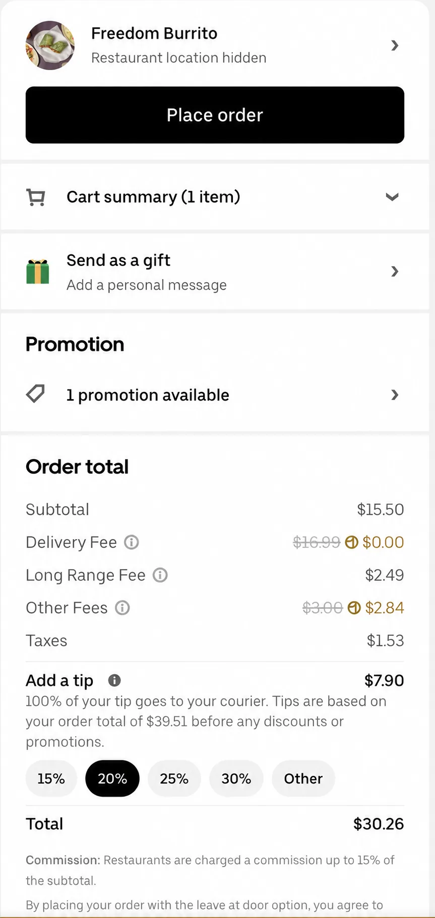 An Uber Eats checkout where a $15.50 subtotal becomes $30.26 after a long-range fee, other fees, tax, and a selected tip.