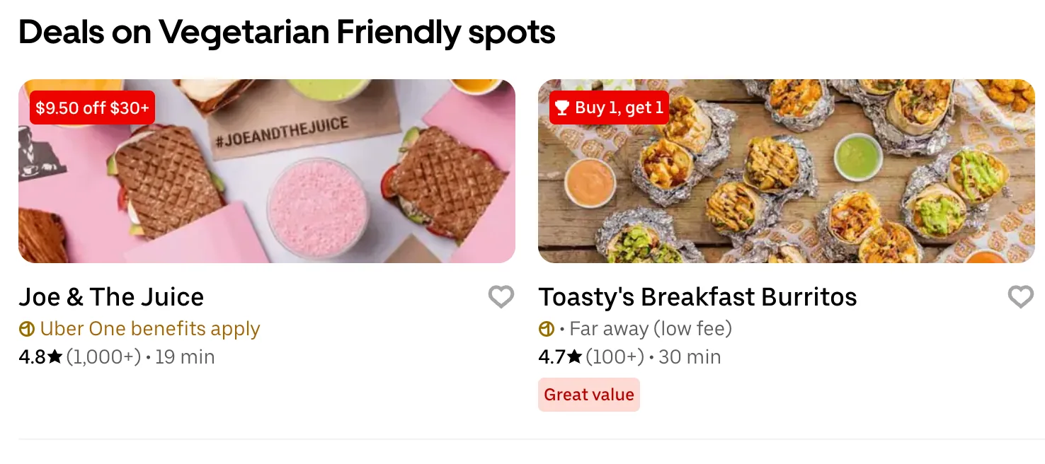 Two restaurant offers in Uber Eats, including a fixed-dollar discount and a buy-one-get-one promotion.