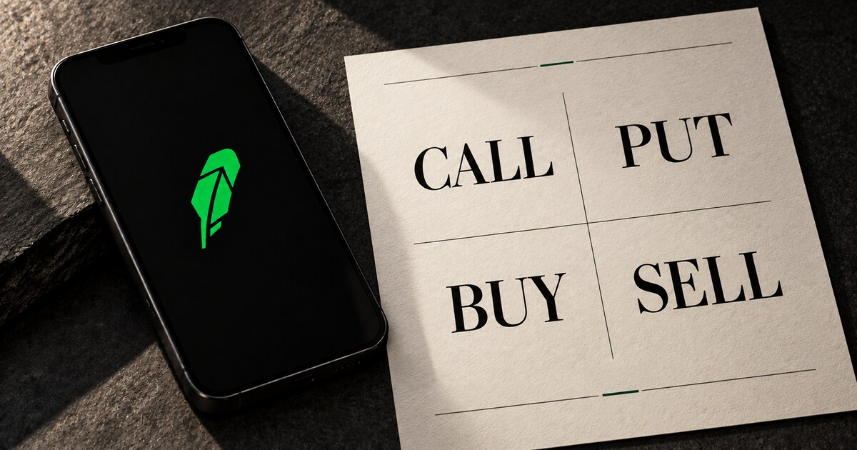 A black smartphone with a green Robinhood feather beside an ivory options decision sheet labeled call, put, buy, and sell.