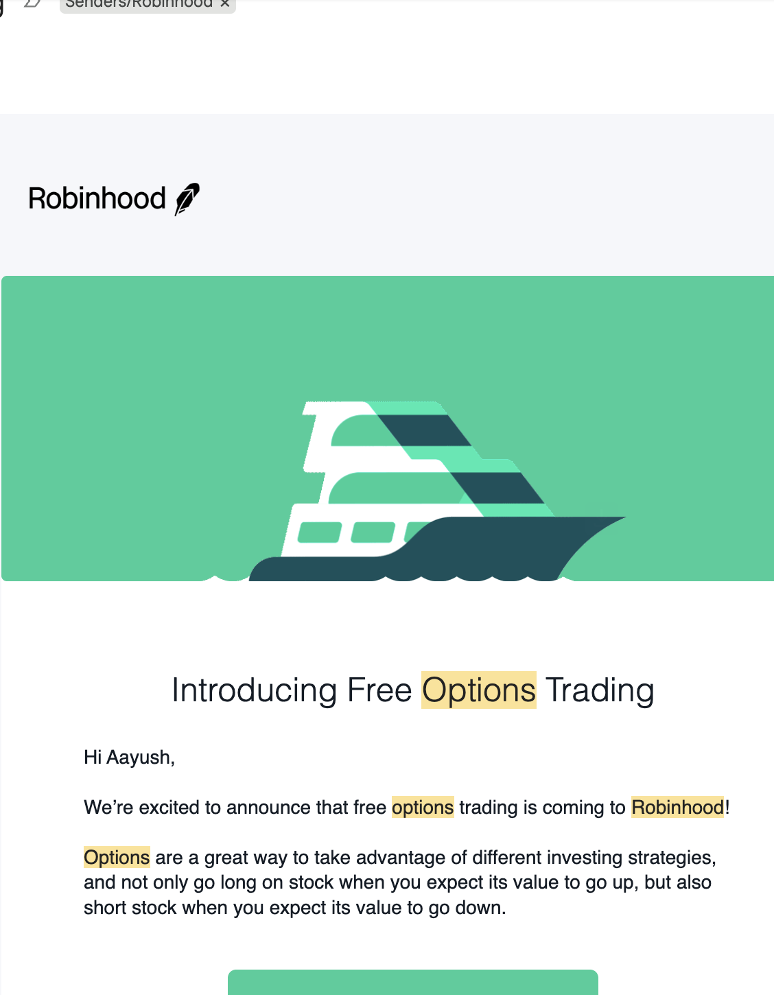 Cropped original Robinhood email dated December 13, 2017, announcing options trading and inviting Aayush to request early access.