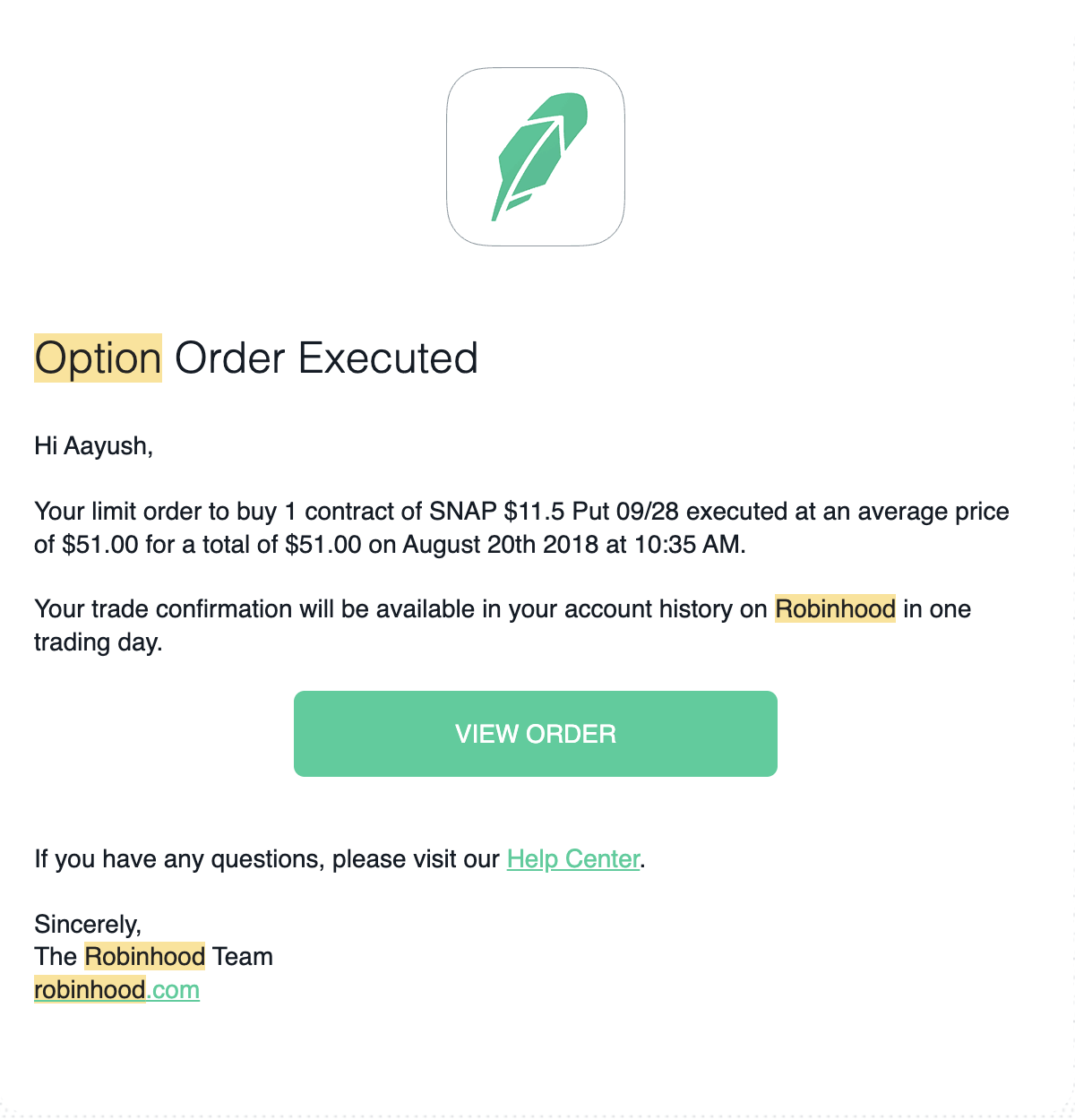 Cropped original Robinhood email: one SNAP $11.50 put expiring September 28, bought August 20, 2018 for $51 total.