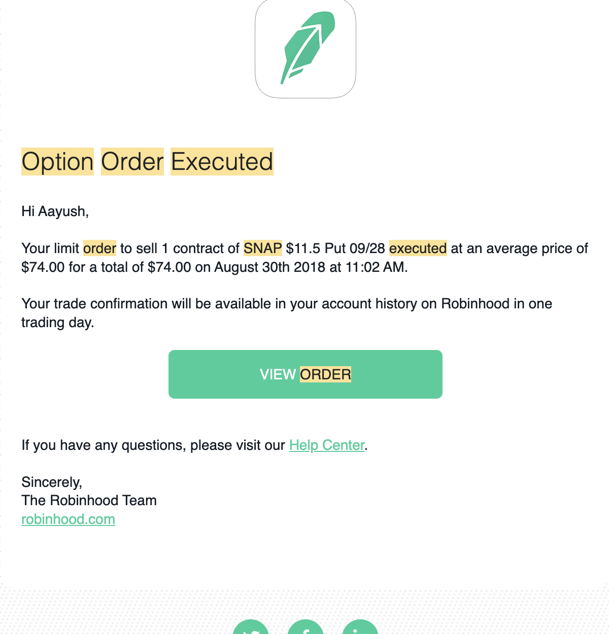Cropped original Robinhood email: the same SNAP $11.50 put sold August 30, 2018 for $74 total.