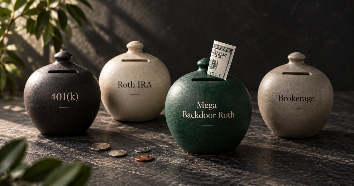 Four ceramic coin banks on dark stone, labeled 401(k), Roth IRA, Mega Backdoor Roth, and Brokerage. The deep-green Mega Backdoor Roth jar has a folded bill in its slot.