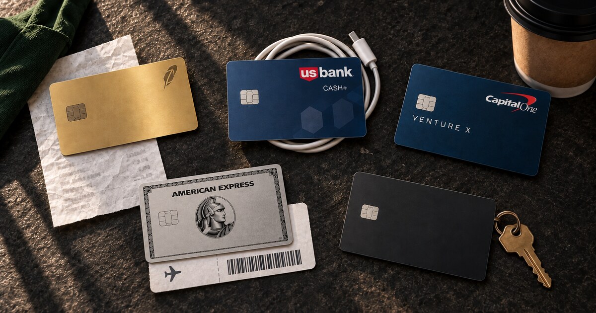 Five payment cards laid flat on dark stone, each on an everyday object: a gold Robinhood card on a grocery receipt, a US Bank Cash+ card on a coiled charging cable, a Capital One Venture X card by a coffee cup, an American Express card on a boarding pass, and a plain charcoal card on a house key.
