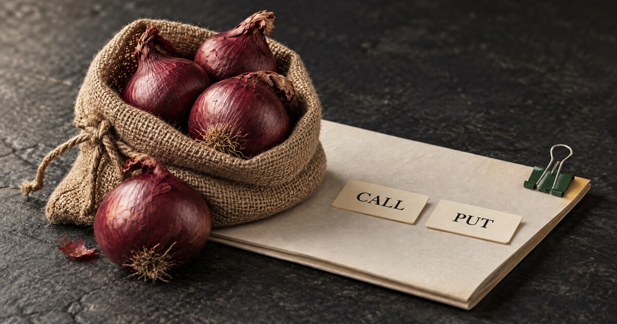 A burlap sack filled with red onions rests beside two cream contract tabs labeled CALL and PUT on a dark stone surface.