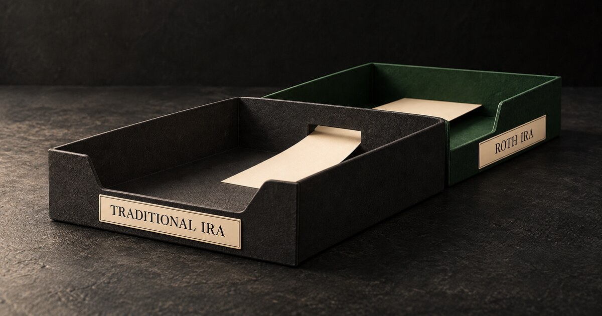 A blank cream contribution slip passes through a rear opening from a charcoal tray labeled Traditional IRA into a deep-green tray labeled Roth IRA.