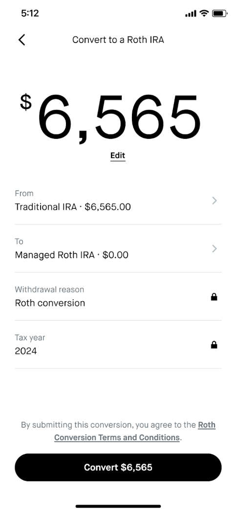 Robinhood's example review screen for converting cash from a traditional IRA to a Roth IRA. The example shows a $6,565 conversion and a 2024 tax year; neither is the author's account.