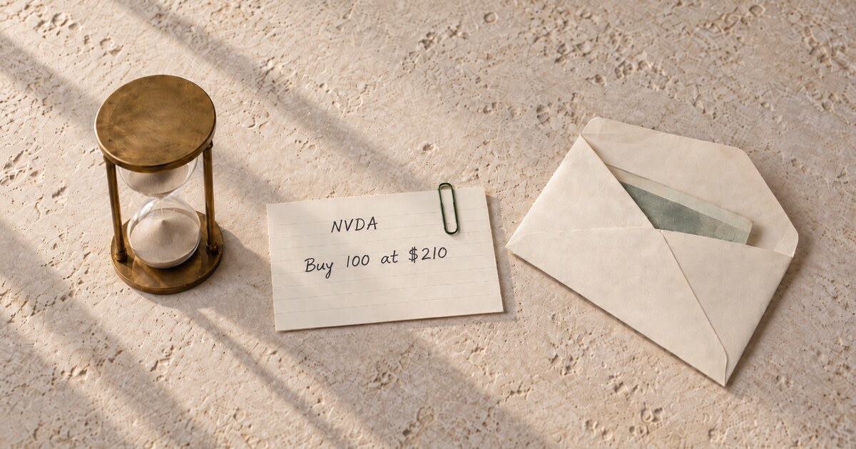 A brass hourglass, an index card reading NVDA, Buy 100 at $210 held by a deep-green paper clip, and an open envelope with a folded bill inside, on pale limestone in morning light.