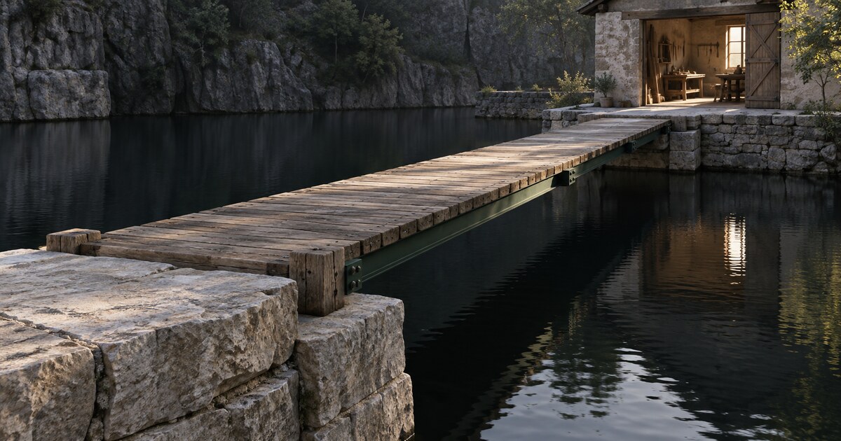 A sturdy hand-built wooden footbridge crosses dark water from a limestone foundation toward a warmly lit workshop.