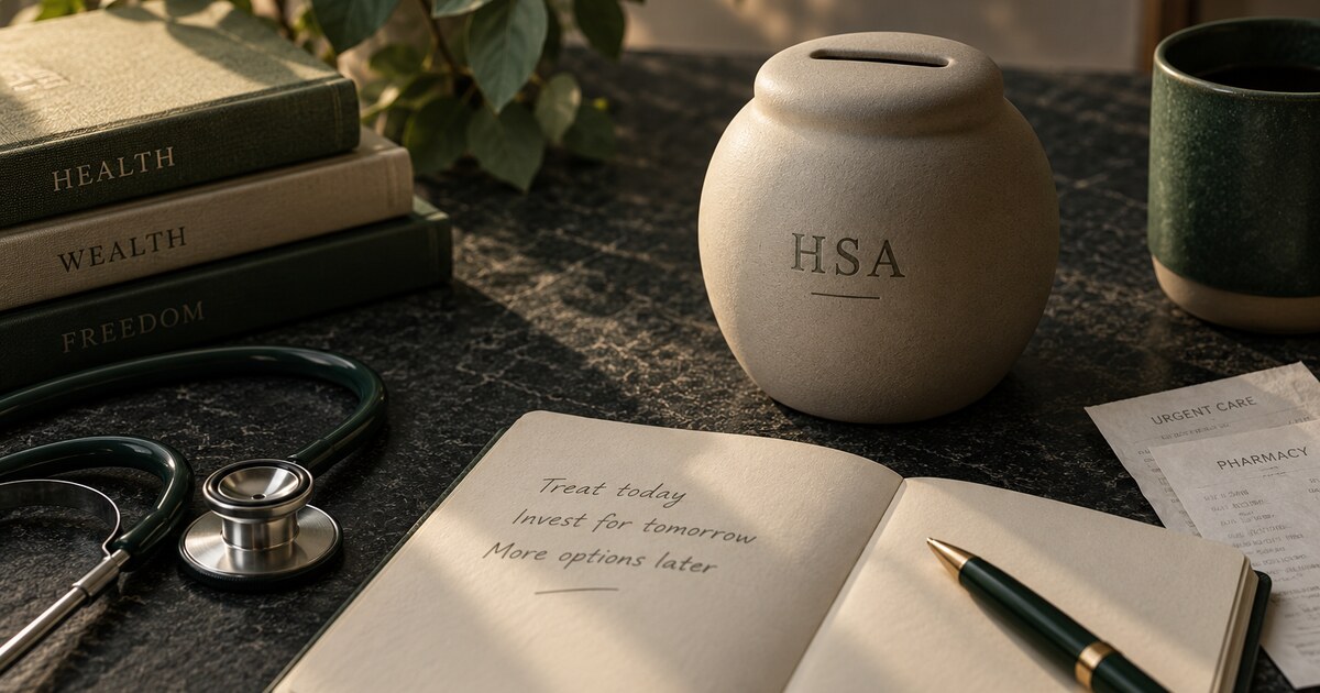 A cream ceramic coin jar labeled HSA on a dark stone desk beside an open notebook, a green pen, a stethoscope, a stack of books, and two receipts, in warm late-afternoon light.