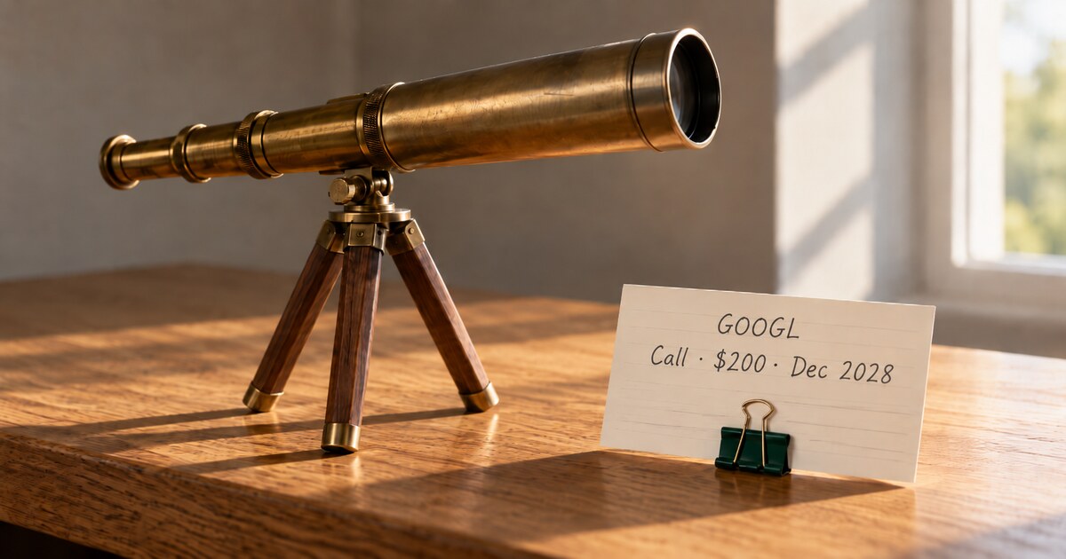 A brass telescope on a small wooden tripod on an oak desk in warm window light, beside an index card reading GOOGL, Call, $200, Dec 2028, held by a deep-green binder clip.