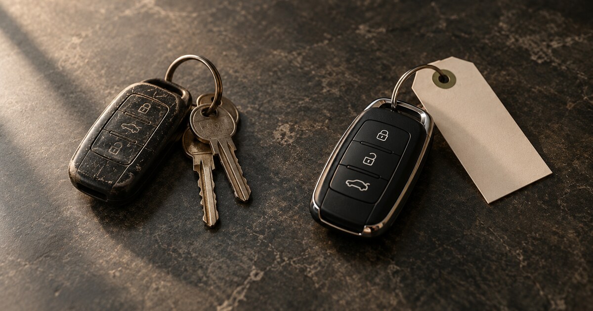 A worn car key fob and metal keys beside a clean newer key fob with a blank paper tag on a dark stone surface.