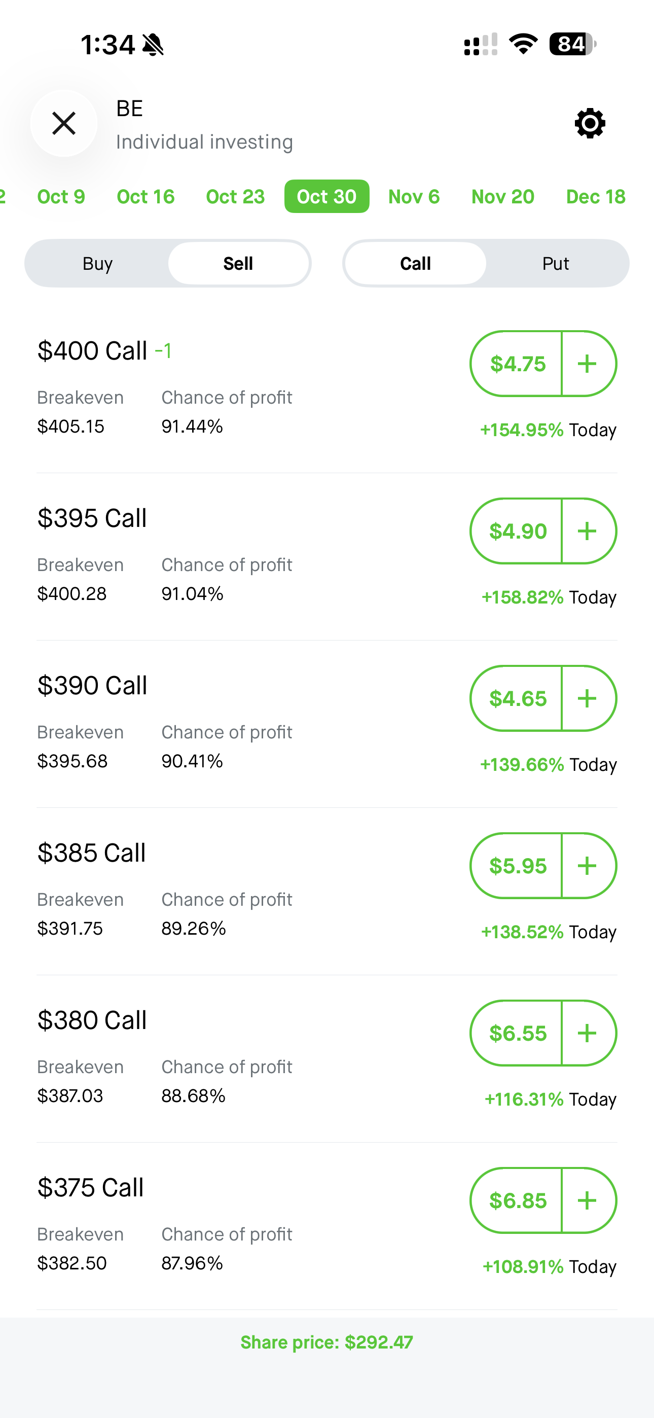 Robinhood Sell Call screen for BE with October 30 selected. The $400 strike shows a $4.75 per-share quoted premium, with BE at $292.47.