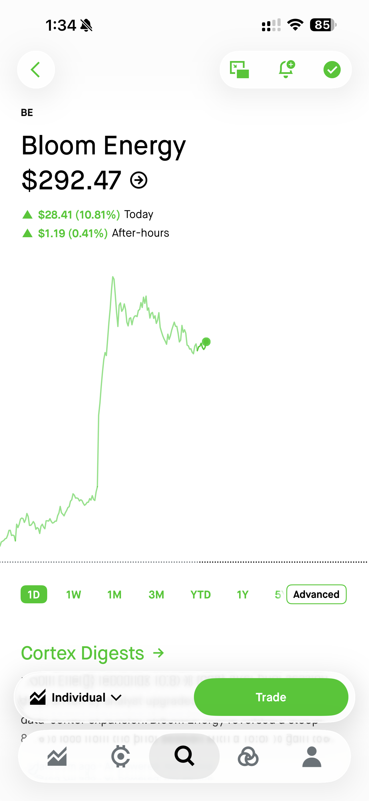 Robinhood BE stock screen on September 29, showing Bloom Energy at $292.47 per share.