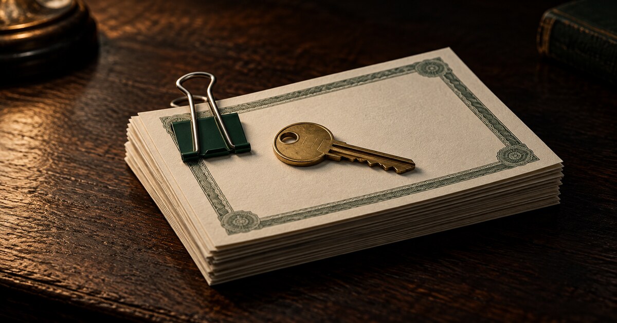 A brass key rests on a clipped stack of blank share certificates on a dark wooden table.