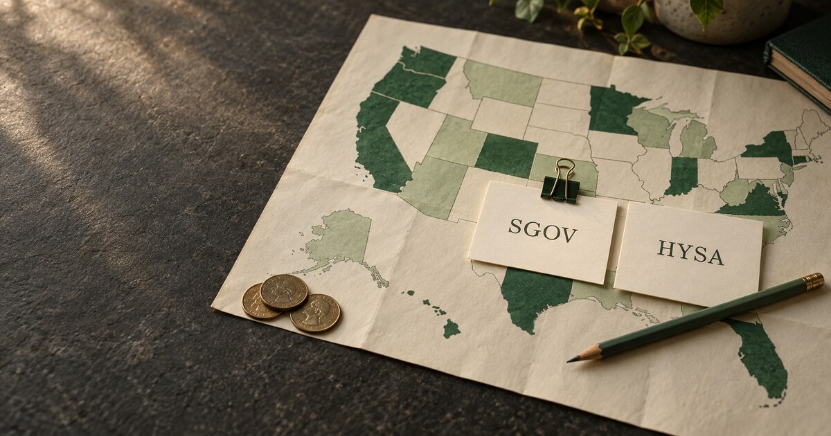 A paper map of the United States with states shaded in deep and pale green on dark stone, with two cream cards reading SGOV and HYSA, a green binder clip, a green pencil, and three coins.