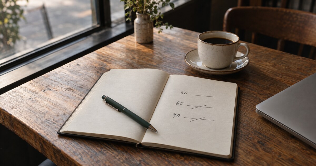 An open notebook on a coffee-shop table shows a handwritten 30, 60, 90 plan with the 60 and 90 lines crossed out, beside a cup of black coffee and a green pen.
