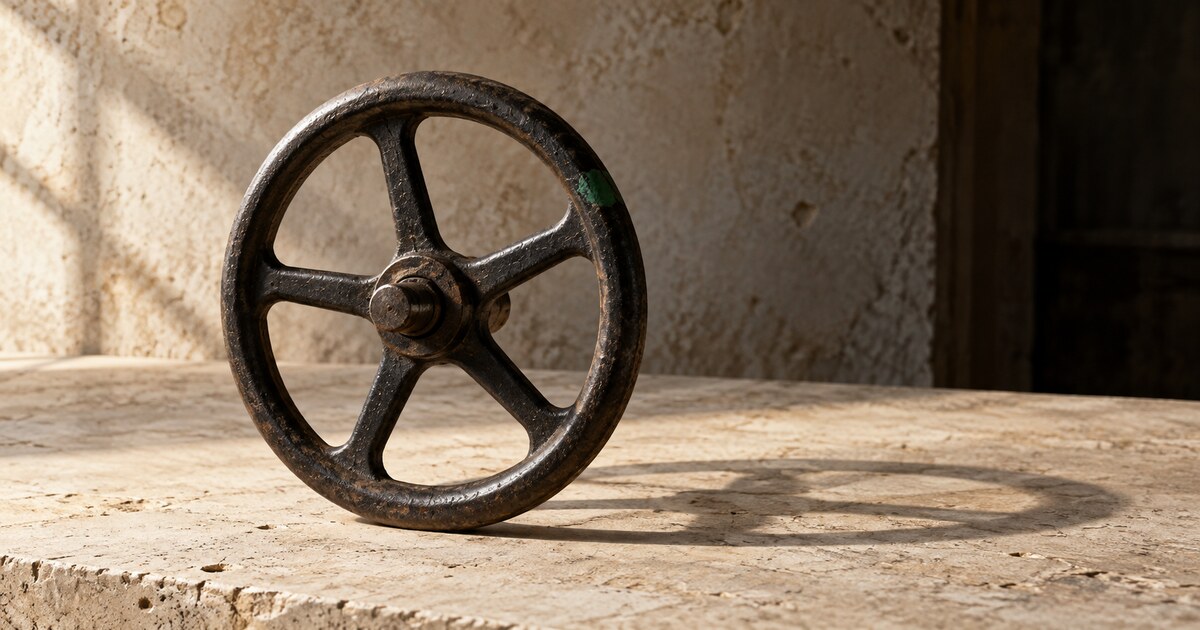 A weathered iron handwheel stands on a sunlit stone surface, casting a soft circular shadow.