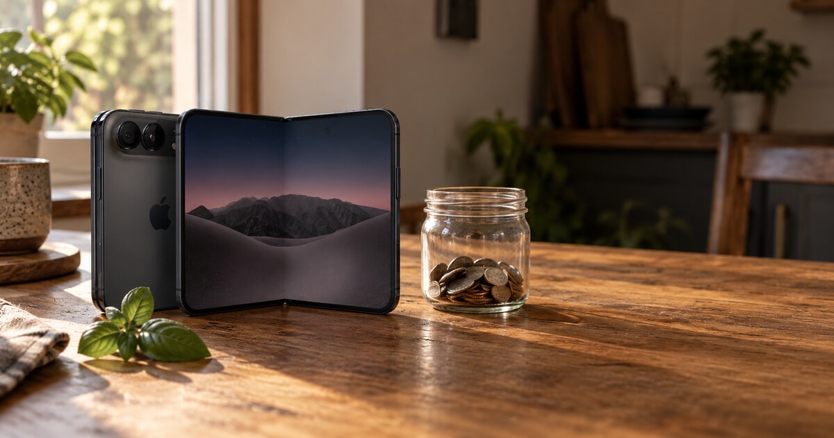A dark foldable iPhone standing half-open on a sunlit wooden kitchen table, beside a small glass jar with a few coins in the bottom and a sprig of basil.
