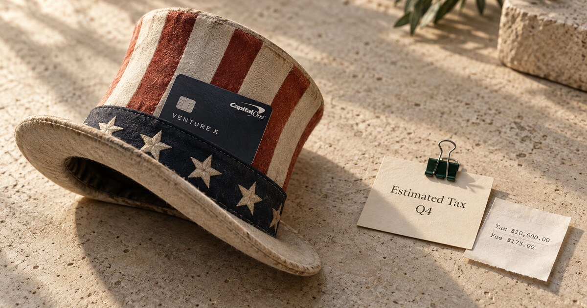 A worn Uncle Sam top hat with a Capital One Venture X card tucked into its star band, beside a cream slip reading Estimated Tax Q4 held by a deep-green binder clip and a receipt showing Tax $10,000.00 and Fee $175.00, on pale limestone.
