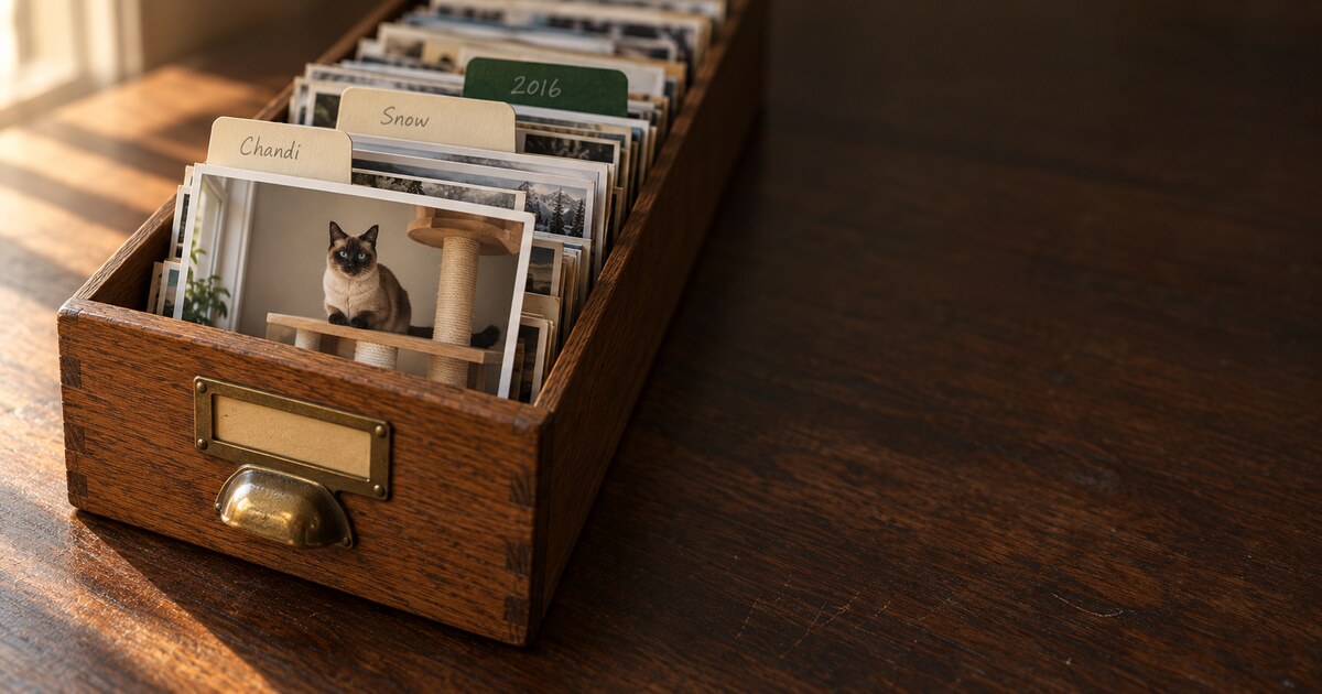 An oak card-catalog drawer on a walnut desk, filled with printed photos filed behind handwritten tabs for Chandi, Snow, and 2016, with a photo of a Siamese cat in front.