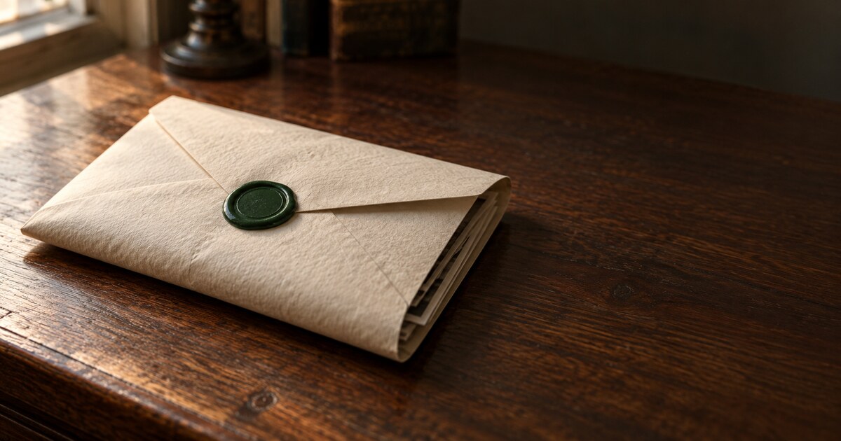 A bundle of photo prints inside a cream paper envelope on a walnut desk, the flap closed with a deep-green wax seal.