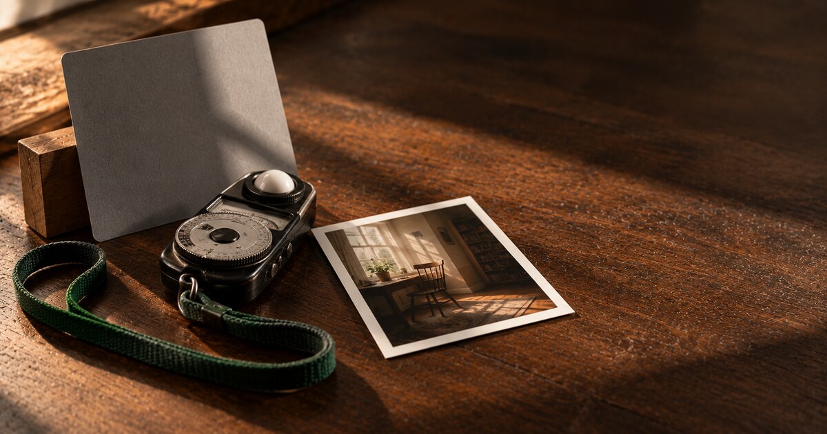 A photographer's gray card and a vintage handheld light meter on a walnut desk beside a single printed photo, with a deep-green strap on the meter.