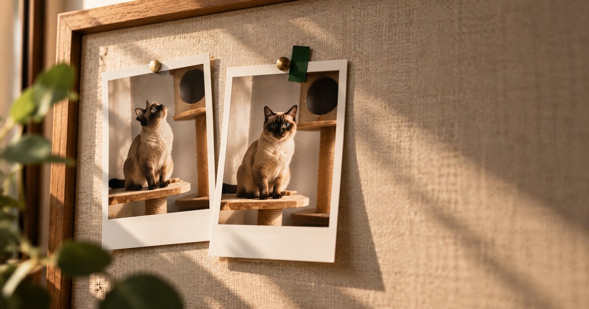 Two nearly identical instant photos of a Siamese cat pinned side by side on a cream linen board, one marked with a small deep-green paper tab.