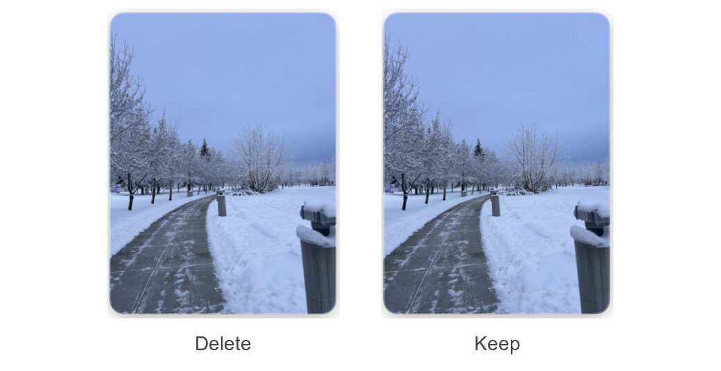 Two copies of a snowy-path photo in the duplicate-review folder, labeled delete on the left and keep on the right.