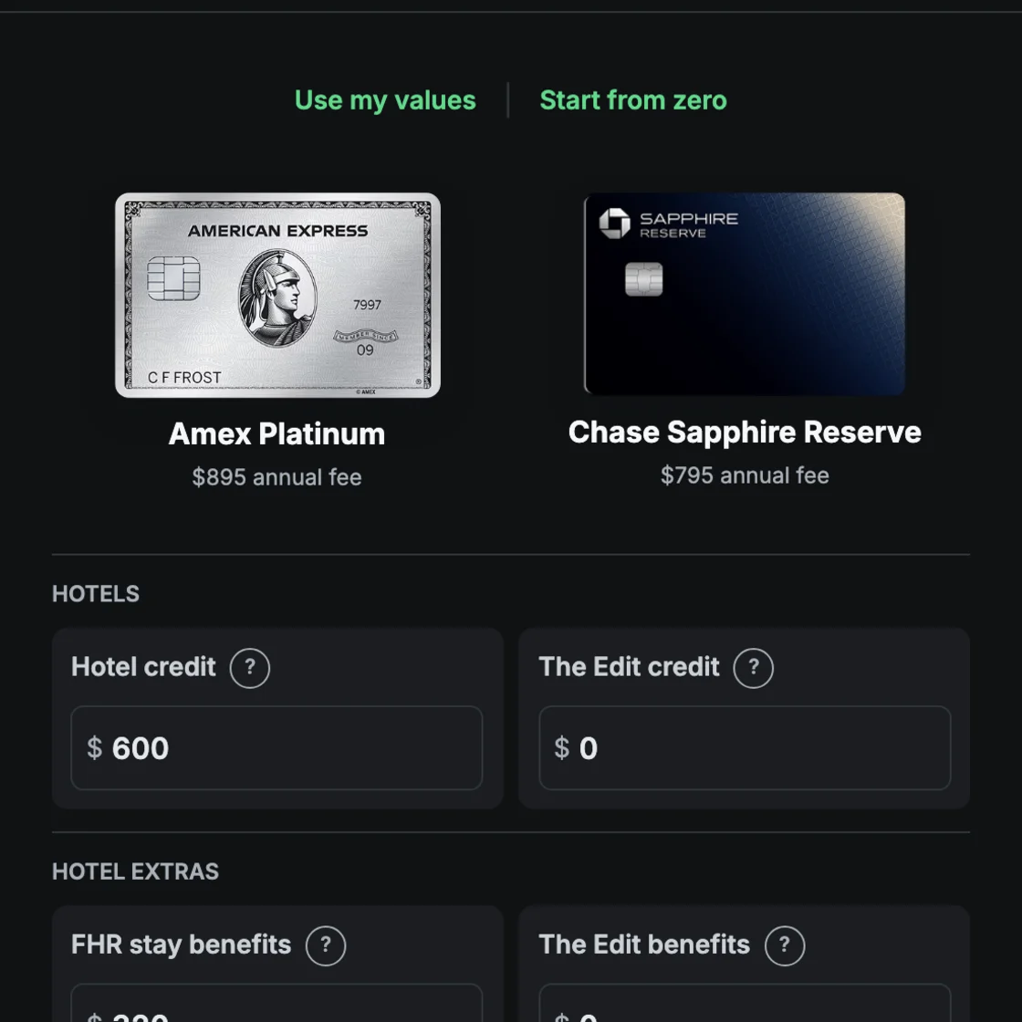 Amex Platinum vs. Sapphire Reserve preview: the two cards above a table of benefits valued in dollars.