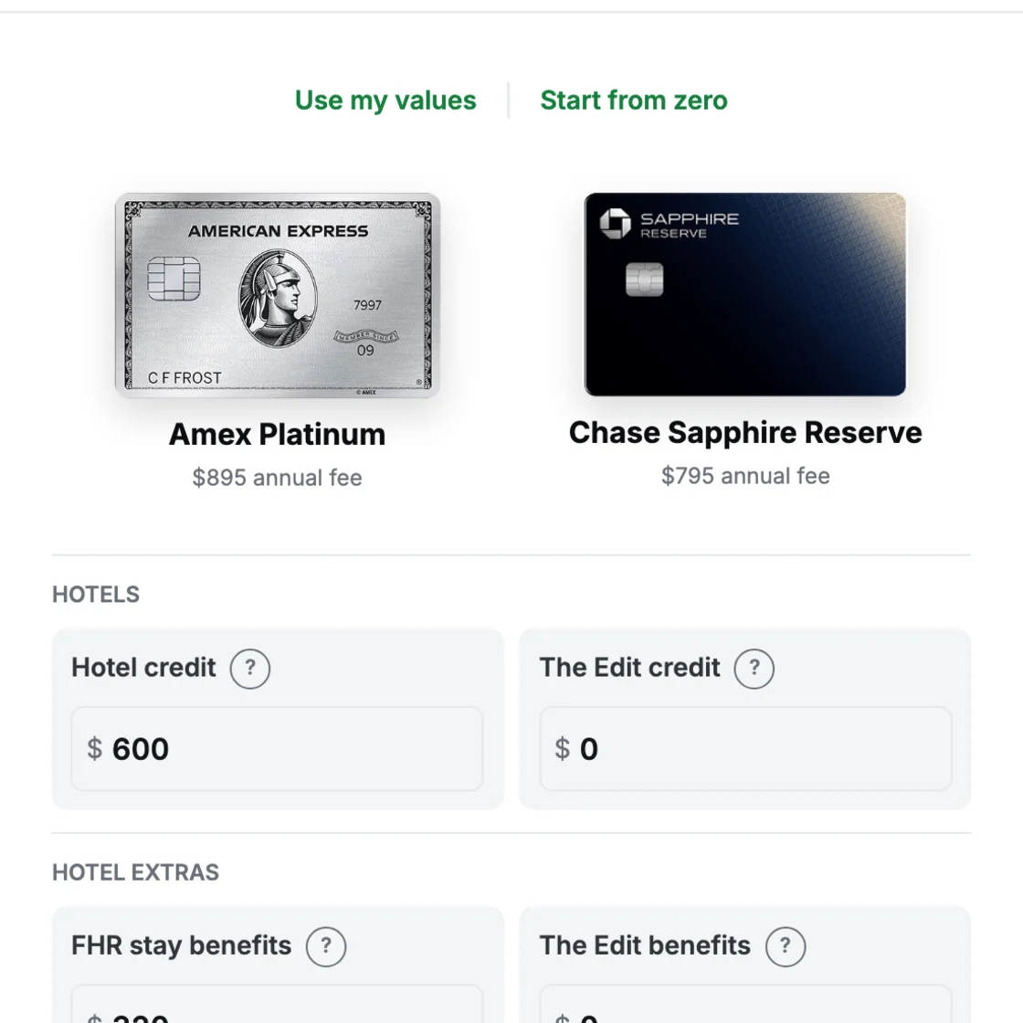 Amex Platinum vs. Sapphire Reserve preview: the two cards above a table of benefits valued in dollars.