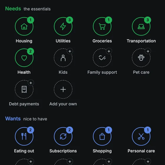 Expense Tracker Builder preview: needs and wants as category circles, from housing to personal care.