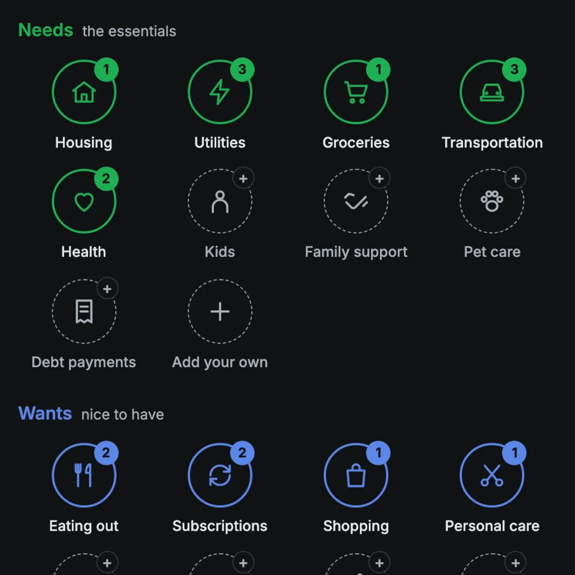 Expense Tracker Builder preview: needs and wants as category circles, from housing to personal care.
