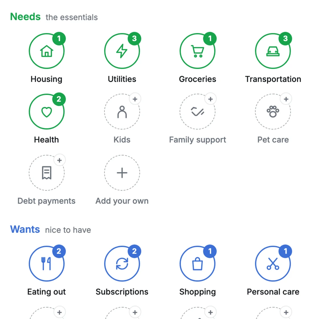 Expense Tracker Builder preview: needs and wants as category circles, from housing to personal care.